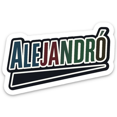 The name 'Alejandró' in a masculine, modern font with gradient colors including blue, gray, burgundy, green, and brown. The text uses precise Hungarian characters, has a dark outline, extra thick and prominent white letter border, and a dynamic slanted underline. Image size 1000x1000 px, PNG format, transparent background. sticker