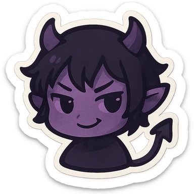 devil emoji in chibi style with gothic palette black and purple, tiny horns, cute but mischievous expression sticker