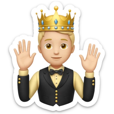 3d round yellow emoji character with slightly smug expression, wearing a tiny victorian crown and waistcoat, one hand over heart dramatically, classic early 2000s 3d emoji style, plain white background sticker