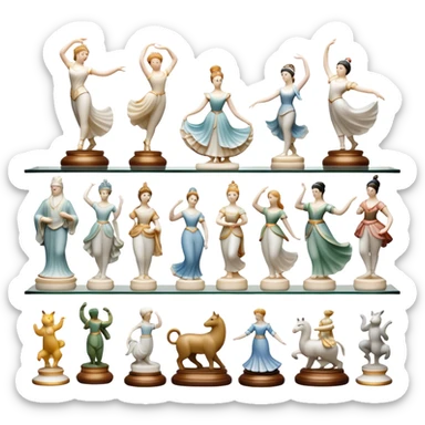 Icon for Porcelain Figurine Collecting: a collection of delicate porcelain figurines, such as animals, dancers, and historical characters, displayed on a shelf or in a display case. The icon should convey the elegance and artistry of collecting porcelain statues. Transparent background. sticker