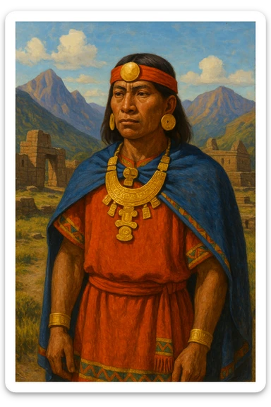 a single Muisca person from the pre-Columbian era, wearing traditional clothing and gold ornaments, with indigenous Andean features, depicted in vibrant colors, set in a historical Andean setting sticker