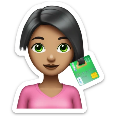 girl with very long black hair and green eyes and pink outfit holding credit card and shopping bags sticker