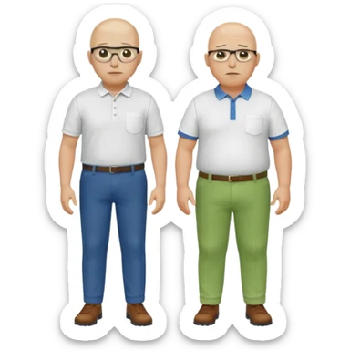 two guys, the first guy is white and have hair but only around his head and not on top, have glases a white dressshirt with rolled up sleeves and green pantsThe second guy has a yellow skin white golf shirt blue jeans and bald they should stand next to eachother they are both really fat  sticker