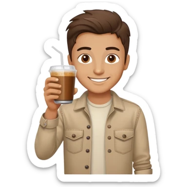 Turkish beautiful finish Konya boy good hair and brown eyes with beige denim clothes and had on his hand nut Cold brew coffee   sticker