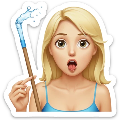 blond woman with wide eyes, holding a wide skin-colored stick with a nibble on the edge, water squirting from the stick into her mouth, shocked face sticker