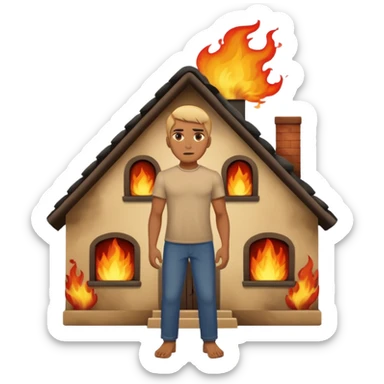 a man standing with a burning house with visible flames and smoke behind him, apple style emoji sticker