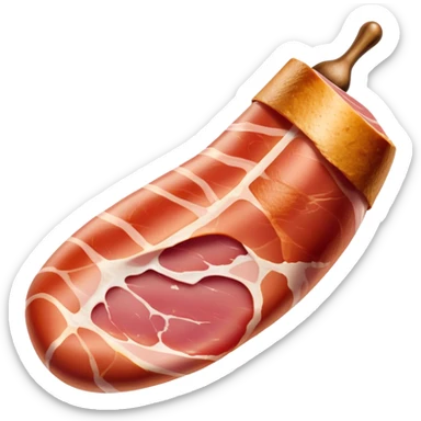 Jamón Serrano Cinematic Realistic Jamón Serrano Dish Emoji, depicted as a prominent leg of cured ham with visible marbling, rendered with rich textures and dynamic, appetizing lighting. sticker