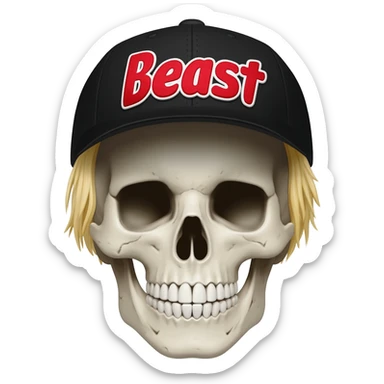 A skullhead thats wearing a black baseball cap with the words "Beast" in red and white with blonde hair sticker