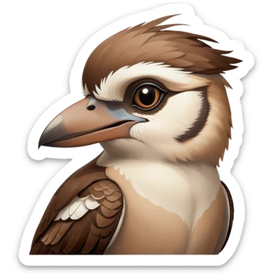 Cinematic Noble Kookaburra Portrait Emoji, Poised and regal, with a stout, robust build and a striking plumage of earthy browns and creams, a strong beak and deep-set soulful eyes, Simplified yet sharp and sophisticated features, highly detailed, glowing with a soft, dignified glow, high shine, intelligent and exuberant, stylized with an air of native woodland majesty, focused and attentive, soft glowing outline, capturing the essence of a watchful and confident bird, so majestic it feels as though it could laugh out of the screen with effortless authority! sticker