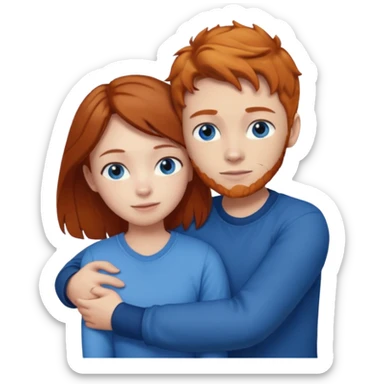 Ginger boy without facial hair hugging girl with dark brown hair. Both have blue eyes.  sticker