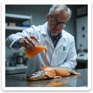 realistic 4K photo of a man in a lab coat pouring orange dye on a gray salmon fillet, professional environment sticker