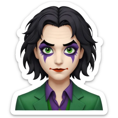 Faça uma pessoa com cabelo preto pouco bagunçado e pouco grande com cara de coringa sticker