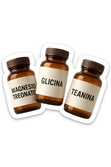 3 boccette di integratori: Magnesio Treonato, glicina, teanina, fluttuano in aria sticker