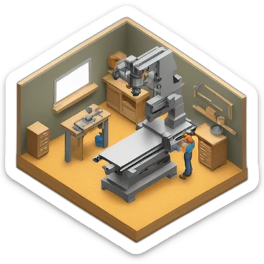 isometric fabricator working in creative workshop cnc machine woodshop metalshop industrial  sticker