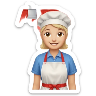 grown  2D line-drawn character + small bright shop sticker