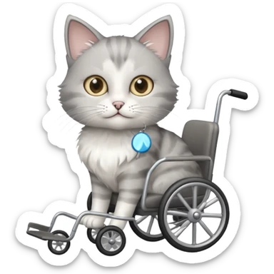 disabled grey and white small cat using a wheelchair made for cats sticker
