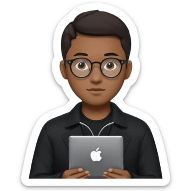 a asia man guy his 20s wearing an apple notebook, wearing bodyguard radio operator, round glasses, blackclothes sticker