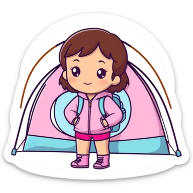 A gorgeous little girl with brunette hair and brown eyes, she’s wearing pink with sparkles while camping in the woods  sticker