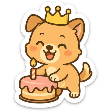 cartoon dog with a birthday crown, paw on a birthday cake, smiling, festive mood, plain background sticker
