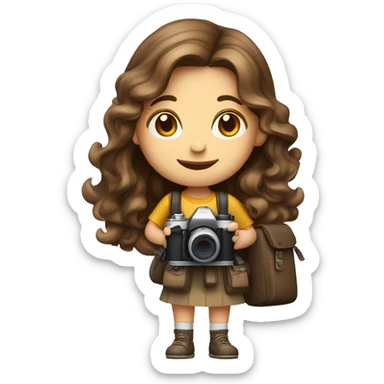 A photographer Girl, with a camera and a backpack ,long soft curl brown hair, White skin, Brown eles, sticker