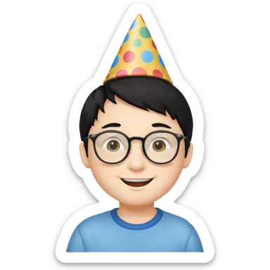 a little boy with black hair with birthday hat, wearing glasses 















 sticker
