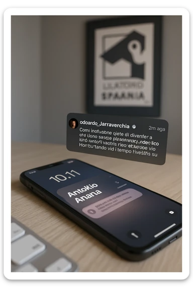 A photo of an iPhone with the message "Antonio Anania" on its scree, both surrounded by soft light and shadow. The phone sits atop a desk with a blurred background that suggests work environment. A faint glow from above casts gentle shadows across the surface of each object, creating depth and highlighting their textures. sticker