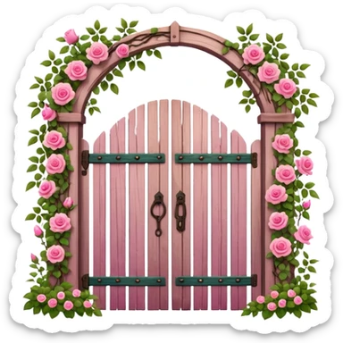 a garden's gate made of wood, with pink flowers all around it sticker