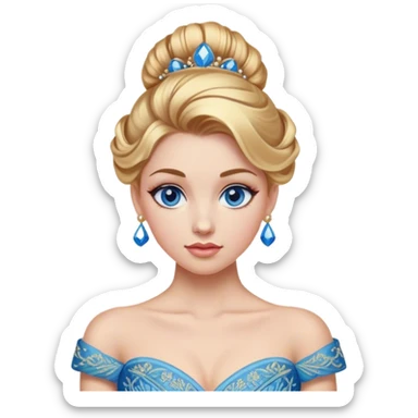 Cinematic Realistic Cinderella Portrait, depicted with lifelike skin texture, subtle rosy undertones, and soft natural lighting that enhances the gentle contours of her face. Her intricately detailed golden blonde hair is elegantly styled in an updo, with delicate wisps framing her face. Her deep, expressive blue eyes radiate warmth and sincerity, reflecting a quiet resilience and grace. She holds a glass slipper gently in one hand, her other hand resting gracefully at her side, emphasizing the timeless beauty of the moment. She is dressed in her iconic ball gown, the fabric shimmering with intricate embroidery and fine translucent layers that catch the light beautifully. The soft sheen of satin gloves adds a magical touch to her graceful pose. The portrait features an enchanting glow with a natural, luminous finish, seamlessly blending realism and fairytale charm to evoke a sense of depth, elegance, and timeless beauty. sticker