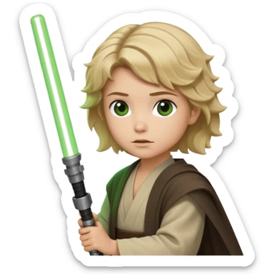Young jedi with sandy blonde wavy short hair holding a green lightsaber sticker