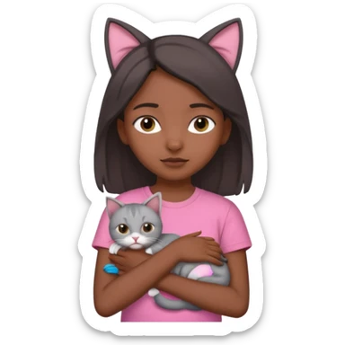 An Indian teenager girl with a pink t-shirt holding her gray cat with folded ears sticker