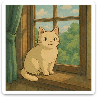 cute cat sitting on a windowsill, ghibli style sticker