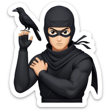 clash-of-clans-aesthetic_-cinematic-mysterious-male-ninja-portrait-emoji, rendered in a flat, vector-style with minimal shading and bold, simplified shapes, his arm is stretched out  with a head slightly turned revealing intense, focused eyes. the ninja has his arm out and perched on top of his forearm is  a  giant black crow sticker