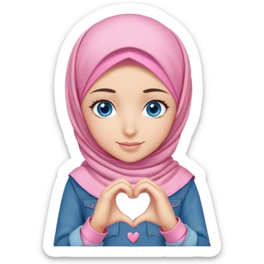 Turkish beautiful finish Konya girl blue eyes with denim and pink hijab islamic dress and making heart with hands and with thank you text sticker