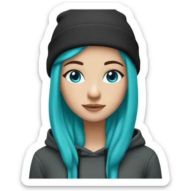 White girl, blue eyes, long teal hair, purple beanie hat, black hoodie sticker