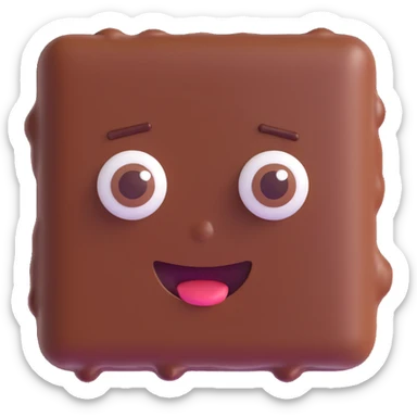Rectangular chocolate mini pastry, slightly tilted, squished chocolate, crazy wide eyes, open mouth, text above: "ПАСТИЧКА", chibi style, Twitch emoji style, transparent background, colorful sticker
