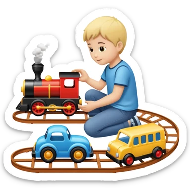 child playing with both toy cars and trains sticker