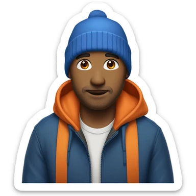 a man with a blue jacket and an orange beanie sticker