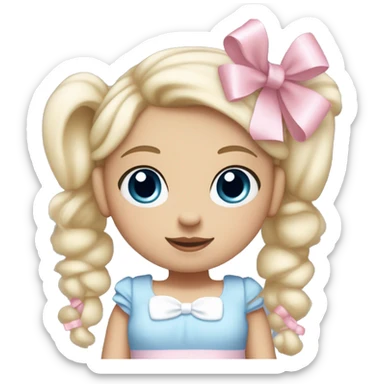 Little  babygirl with White skin, blue eyes. Light blonde hair in two ponytails, with light pink bows.  She is wearing a light pink and White dress, holding a teddybear with a pink bow. sticker