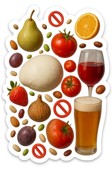 mozzarella, frutta legumi, frutta secca, birra e vino realistici fluttuano in aria con piccoli divieti 3d, IPERREALISTICO 4K sticker