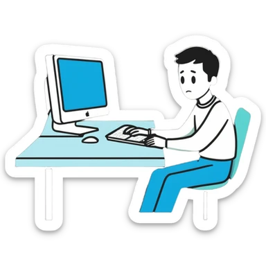 a man sitting at the table with an imac on it, a man sits in a very thoughtful pose sticker