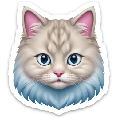 Fluffy Siberian cat face emoji, white and grey long hair, bright blue eyes, pink nose, friendly expression, 3D vector style, isolated on white background. sticker