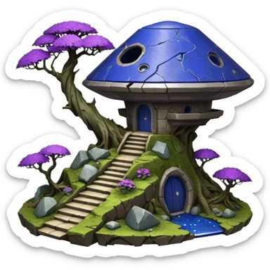Crashed Alien saucer-castle jungle winding footpath mountainside getaway haunted nighttime landscape antique mudman very old broken cracked intricate Stone Age lapis-crusted irregular dodecagon-shaped shallow dark moss rough bark violet flowered maple treehouse bonsai sticker