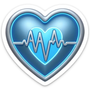 Futuristic premium medical AI logo emoji, sleek metallic heart or shield, ECG line forming stylized letters AI, neon blue and silver, 3D effect, glowing edges, minimal but bold, tech-savvy, high-tech healthcare branding, instantly recognizable, viral-ready, vector flat style with subtle shadows sticker