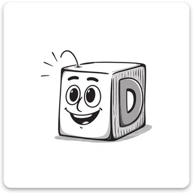 A hand-drawn wooden letter D block with a silly cute expression sticker