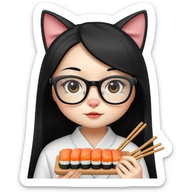 cute girl cat with long straight hair and really big square glasses with super thin frames eating sushi sticker
