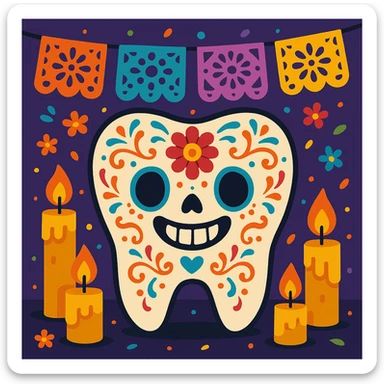 smiling molar tooth with Día de Muertos sugar skull makeup, surrounded by papel picado and candles, joyful and colorful illustration style sticker