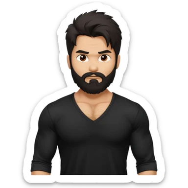 generate a pretty bratz Shahid kapoor with heavy beard and looking angry.
Make him wear a black full sleeve v neck tshirt. muscular but still lean
He shoudl look exactly like Shahid kapoor. Long messy black hair sticker
