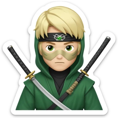 Green ninja Lloyd garmadon blonde hair, kaptur hoody on his head but blonde grzywka visible; the bottom left one is best (the one without miecze + black band + no mask of face) but add miecz; I want no band on head  sticker