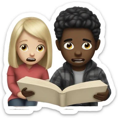 White siblings reading a horror book sticker