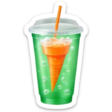 Realistic clear plastic cup with flat green see through plastic lid half filled with Transluscent orange soda inside of the cup with carbonation bubbles and carrot shaped ice cubes.  sticker